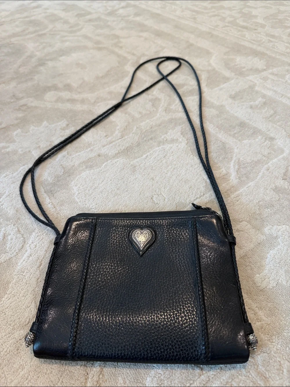 Black Leather Crossbody Bag with Heart Accent